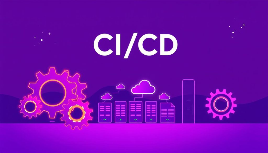 A sleek, modern illustration of the CI/CD (Continuous Integration/Continuous Deployment) workflow. In the foreground, a series of interlocking gears and cogs, each representing a different stage of the software development lifecycle - coding, testing, building, and deployment. The gears are bathed in a warm, royal purple (RGB #7955a3) glow, conveying a sense of efficiency and automation. In the middle ground, a series of stylized servers and cloud icons, symbolizing the infrastructure and cloud-based platforms that enable CI/CD. The background is a minimalist, architectural landscape, with clean lines and geometric shapes, emphasizing the technical, engineering-driven nature of the CI/CD process. The overall composition is designed to convey the seamless, streamlined nature of CI/CD, helping to prevent environment inconsistencies and ensure a smooth transition from testing to production.