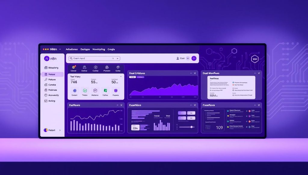 A sleek, modern interface showcasing the user experience of n8n, the JavaScript-based workflow automation tool. The foreground features a clean, minimalist dashboard with intuitive icons and controls, bathed in a regal Royal Purple (#7955a3) hue. In the middle ground, fluid data visualizations and interactive workflows demonstrate the tool's powerful capabilities. The background subtly blends in stylized circuit board patterns, evoking the technical underpinnings of n8n's automation prowess. Soft, diffused lighting casts a professional, polished ambiance, inviting the user to explore and engage with the seamless user experience.