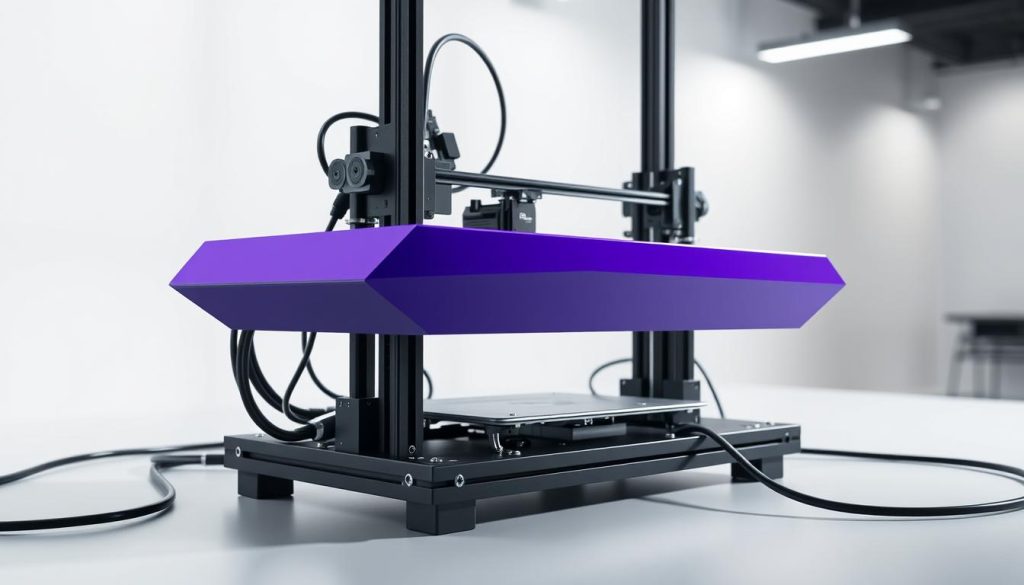 A sleek, modern runner configuration displayed against a backdrop of a clean, minimalist workspace. The runner is rendered in a striking royal purple (hex code #7955a3), its streamlined design and angular profile conveying a sense of efficiency and high-performance. The runner is set atop a sturdy, metallic platform, with carefully arranged cables and hardware components surrounding it, hinting at the intricate inner workings of the system. Soft, directional lighting casts dramatic shadows, emphasizing the runner's form and the technical details of the setup. The overall atmosphere is one of precision, innovation, and a dedication to optimizing the build process.