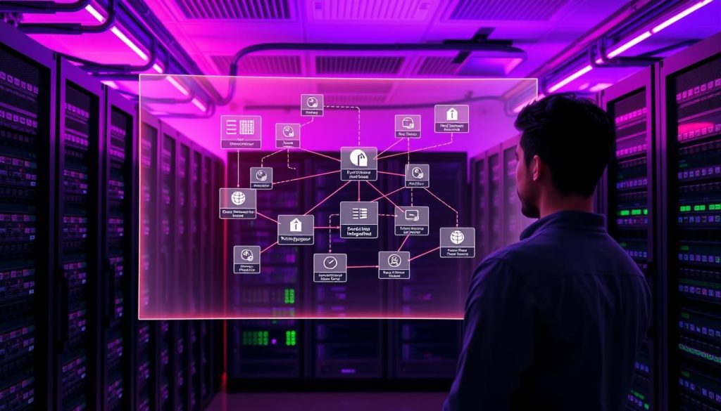 A sleek, modern server room filled with rows of state-of-the-art racks and data storage units, bathed in a warm, regal purple glow (color code #7955a3). At the center, a holographic display depicts a complex network diagram, highlighting the intricate connections between source code repositories and the continuous integration pipeline. In the foreground, a developer intently examines the display, troubleshooting access issues and ensuring seamless repository integration. The overall atmosphere conveys a sense of technological sophistication and the critical importance of maintaining reliable code management processes.