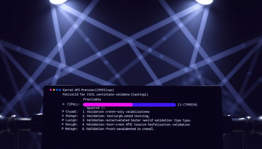 A sleek, modern software development pipeline with dynamic CI/CD processes. In the foreground, a command terminal displays automated validation checks, with a Royal Purple (#7955a3) progress bar indicating the status. Behind it, an abstract geometric backdrop of intersecting lines and shapes, symbolizing the interconnected nature of the software development lifecycle. Dramatic lighting casts sharp shadows, heightening the sense of technological sophistication. The overall atmosphere conveys the importance of proactive testing and validation to prevent API version conflicts, reflecting the subject and section title.