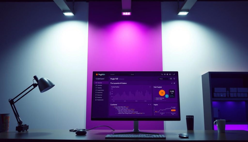 A sleek, modern workplace with a gitlab runner dashboard prominently displayed on a large monitor. The runner is depicted as a high-tech, stylized icon against a regal purple backdrop, reflecting its powerful capabilities. The scene conveys a sense of efficiency, control, and cutting-edge technology at the heart of a well-managed software development environment. Subtle lighting from above casts a soft glow, creating an atmosphere of professionalism and authority. The overall composition emphasizes the gitlab runner's key features and role in optimizing resource management within the developer's workflow.