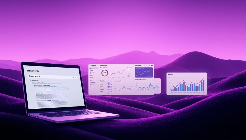 A sophisticated, detailed visualization of real-world Elasticsearch use cases. In the foreground, a sleek, modern web interface showcases a complex search query, with results rendered in a clean, intuitive layout. The middle ground features a series of dynamic charts and visualizations, illustrating the power of Elasticsearch for log analysis and site analytics. In the background, a serene, minimalist landscape evokes the scalability and reliability of a self-hosted Elasticsearch deployment, bathed in a regal purple hue. Soft, directional lighting highlights the crisp, high-resolution details, creating a sense of depth and professionalism. The overall composition conveys the versatility and enterprise-grade capabilities of Elasticsearch, seamlessly aligning with the article's subject and section title.