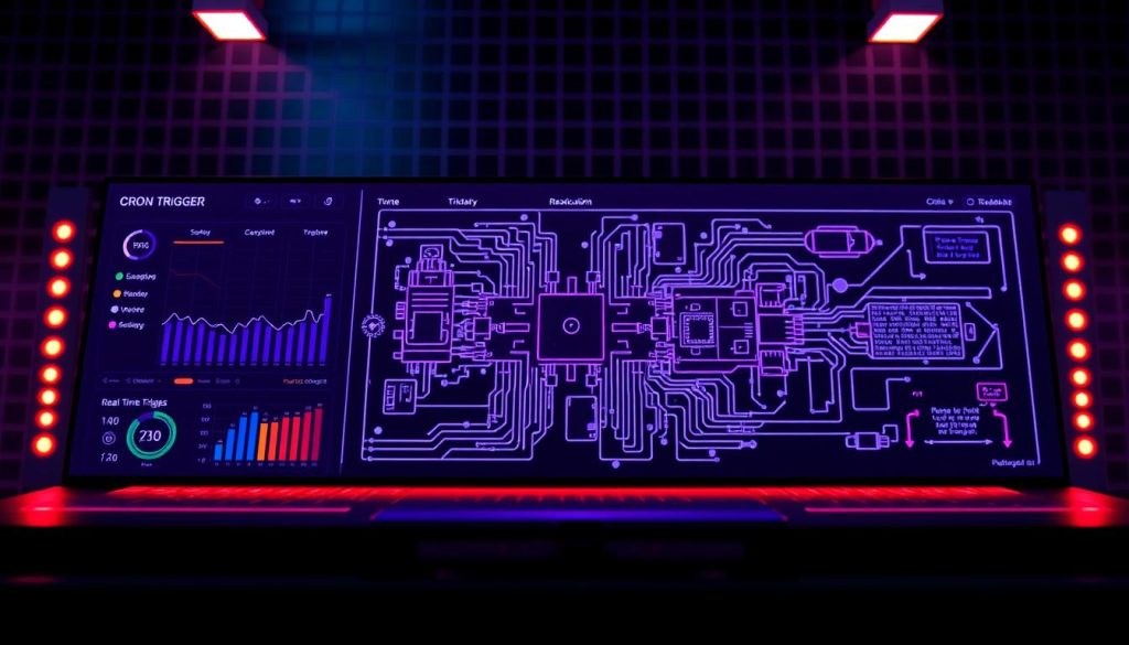 A sophisticated diagnostic interface displaying a meticulously detailed Cron Trigger system. The foreground showcases a sleek, minimalist dashboard with intuitive controls and real-time status updates, bathed in a warm, Royal Purple (hex code #7955a3) glow. The middle ground reveals a complex network of interconnected components, each element precisely rendered with technical precision. The background subtly blends a grid-like pattern, hinting at the underlying computational processes powering the Cron Trigger. A sense of depth and balance is achieved through a carefully crafted camera angle, drawing the viewer's attention to the heart of the diagnostic interface.