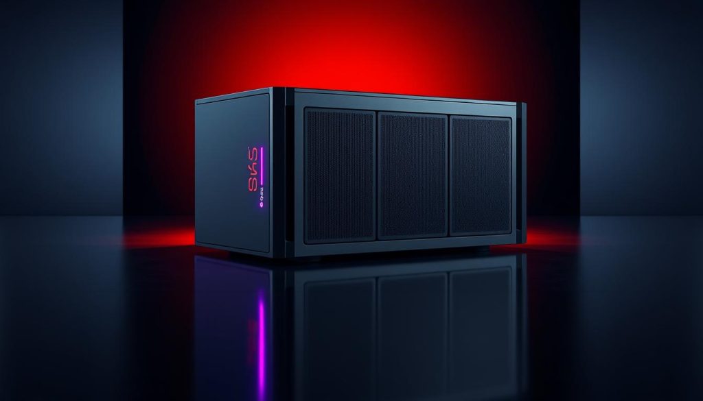 A sophisticated, self-hosted PostgreSQL database server standing proudly on a dark, reflective surface. The server's sleek, metallic chassis is illuminated by warm, dramatic lighting, casting dramatic shadows across the scene. The Royal Purple (#7955a3) accent colors add a touch of elegance and authority. The overall atmosphere conveys the power and reliability of this self-hosted database solution, ready to serve the needs of the Linux-based infrastructure.