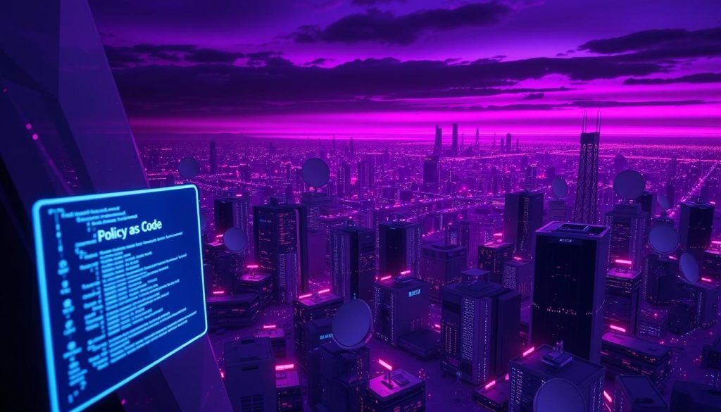 A sprawling cityscape of interconnected networks and servers, illuminated by the soft glow of a royal purple sky. In the foreground, a holographic interface displays lines of code, representing the "Policy as Code" concept. Sleek, angular architecture frames the scene, conveying a sense of order and control. Subtle lighting casts dramatic shadows, emphasizing the technical complexity. In the background, towering data centers and satellite dishes suggest the vast scale of modern infrastructure. The overall atmosphere is one of precision, innovation, and the seamless integration of software and hardware.