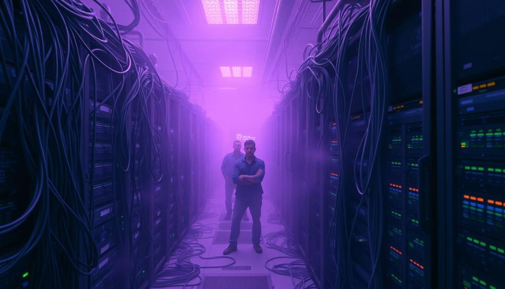 A sprawling data center, its infrastructure shrouded in a hazy, purple-tinged atmosphere. In the foreground, servers and cables intertwine, creating a complex web of interconnected systems. The middle ground reveals a team of technicians, their expressions tense as they grapple with the challenges of managing this dynamic, ever-evolving environment. In the background, a maze of corridors and control panels, each element a testament to the delicate balance of power, cooling, and data flow that sustains this digital nerve center. The scene conveys the daunting task of maintaining coherence amidst the constant flux of Drift, where a single component's shift can ripple through the entire infrastructure, demanding vigilance and innovative solutions.