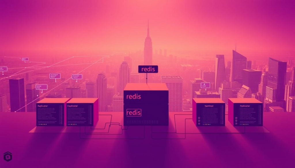 A stately and majestic Redis architecture, rendered in a regal Royal Purple (#7955a3) hue. The foreground showcases the core components - a central Redis server flanked by replication nodes and a sentinel system, all bathed in a warm, diffused light. The middle ground reveals a complex network of client connections, data flows, and caching mechanisms, while the background depicts a sweeping cityscape of skyscrapers and infrastructure, symbolizing the enterprise-level applications powered by this robust database. The entire scene conveys a sense of elegance, reliability, and high-performance computing.