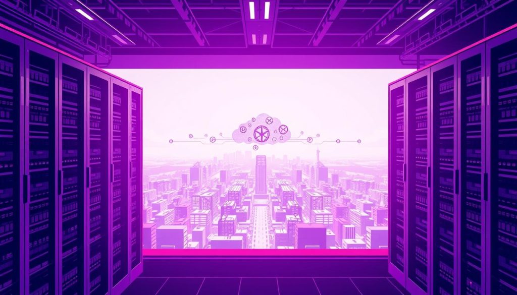 A striking digital illustration depicting Kubernetes as a service. In the foreground, a sleek, futuristic server cluster housed in a royal purple (#7955a3) data center, its intricate network of containers and microservices pulsing with life. In the middle ground, a cloud-like architecture of orchestration and automation tools, seamlessly managing the infrastructure. The background showcases a panoramic cityscape, hinting at the scalability and versatility of this cloud-native platform. The lighting is bold and dramatic, casting shadows that accentuate the depth and complexity of the Kubernetes ecosystem. The overall mood is one of power, efficiency, and technological innovation, perfectly capturing the essence of "Kubernetes as a Service".