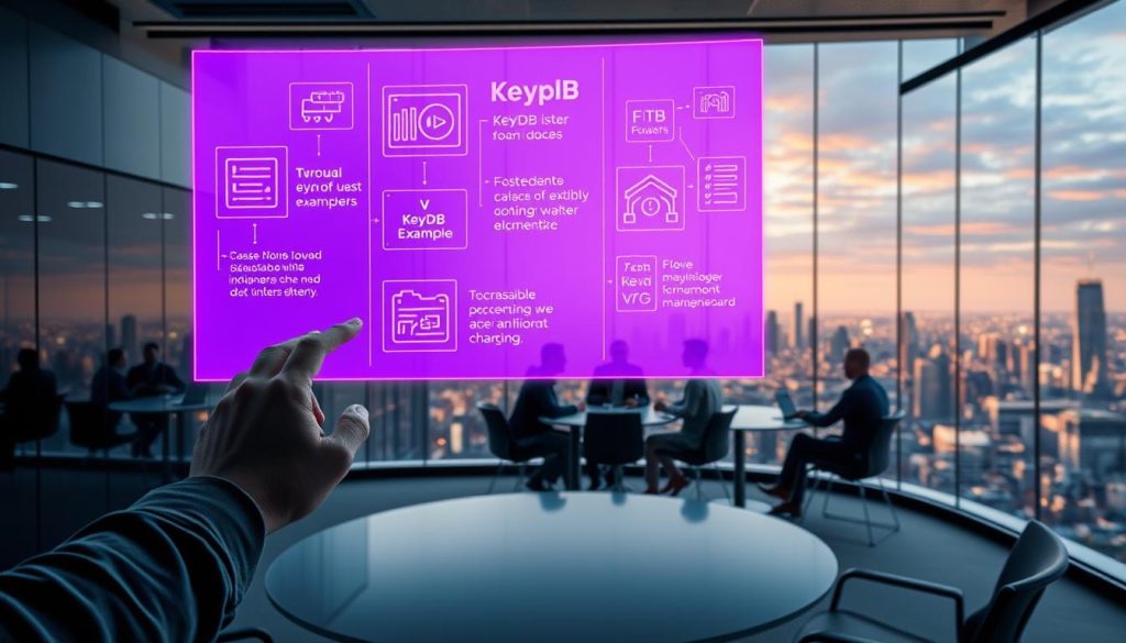 A striking, high-resolution image showcasing the versatility of KeyDB in real-world projects. The scene depicts a sleek, modern workspace with a large, holographic display hovering in the center, projecting various KeyDB usage examples in a royal purple (#7955a3) color scheme. In the foreground, a developer's hands interactively manipulate the hologram, highlighting the power and flexibility of the database. The middle ground features a team of professionals collaborating around a curved, minimalist table, discussing KeyDB implementation strategies. The background depicts a panoramic city skyline, conveying the image's urban, high-tech atmosphere. Crisp lighting and cinematic camera angles create a sense of depth and professionalism, making this an impactful visual representation of the "Practical KeyDB Examples" section.