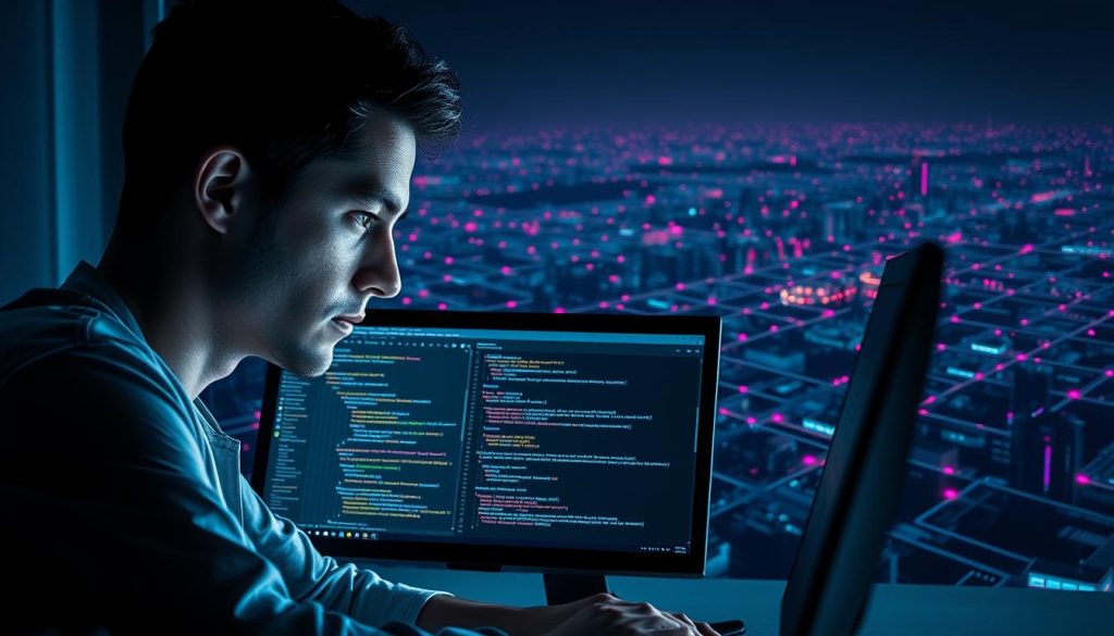 A striking scene depicting the resolution of a software error, "رفع خطا". In the foreground, a skilled developer intently focuses on their computer screen, their face illuminated by the soft glow of the display. The middle ground features an array of diagnostic tools and error logs, surrounded by a halo of Royal Purple (#7955a3) accents that convey a sense of authority and technical proficiency. In the background, a sprawling digital landscape of interconnected systems and frameworks suggests the complex web of dependencies that must be navigated. The overall mood is one of intense concentration and problem-solving, with a subtle air of triumph as the developer works to resolve the issue at hand. A striking scene depicting the resolution of a software error, "رفع خطا". In the foreground, a skilled developer intently focuses on their computer screen, their face illuminated by the soft glow of the display. The middle ground features an array of diagnostic tools and error logs, surrounded by a halo of Royal Purple (#7955a3) accents that convey a sense of authority and technical proficiency. In the background, a sprawling digital landscape of interconnected systems and frameworks suggests the complex web of dependencies that must be navigated. The overall mood is one of intense concentration and problem-solving, with a subtle air of triumph as the developer works to resolve the issue at hand.