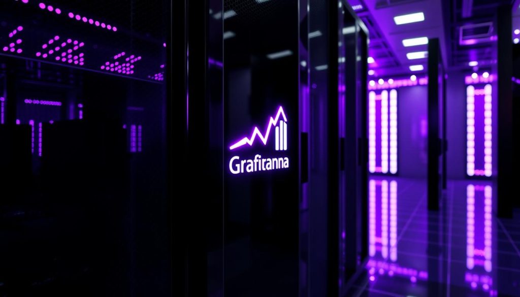 A stunning 3D render of a sleek, modern server rack, its glossy black panels illuminated by soft, royal purple lighting. In the center, a Grafana logo glows, its distinctive graph icon casting a mesmerizing reflection on the gleaming metal surfaces. The scene conveys a sense of power, precision, and the importance of data visualization and system monitoring. The camera angle emphasizes the rack's depth, creating a sense of depth and sophistication. The overall mood is one of technological prowess and the value of open-source tools like Grafana for backup, maintenance, and updates. A stunning 3D render of a sleek, modern server rack, its glossy black panels illuminated by soft, royal purple lighting. In the center, a Grafana logo glows, its distinctive graph icon casting a mesmerizing reflection on the gleaming metal surfaces. The scene conveys a sense of power, precision, and the importance of data visualization and system monitoring. The camera angle emphasizes the rack's depth, creating a sense of depth and sophistication. The overall mood is one of technological prowess and the value of open-source tools like Grafana for backup, maintenance, and updates.