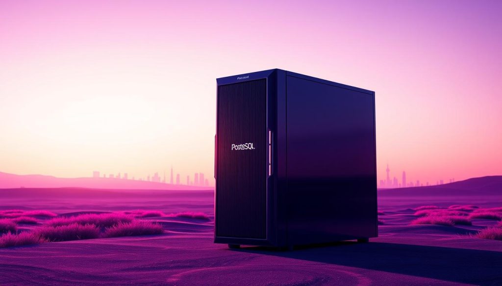 A sturdy, elegant PostgreSQL database server standing tall amidst a serene, Royal Purple-tinged landscape. The server's gleaming chassis reflects the warm glow of a soft, directional light, casting dramatic shadows that highlight its robust, reliable form. In the background, a minimalist, futuristic cityscape stretches out, hinting at the server's enterprise-grade capabilities. The overall composition conveys a sense of strength, stability, and technological sophistication, perfectly capturing the essence of PostgreSQL's performance and reliability on a Linux server.