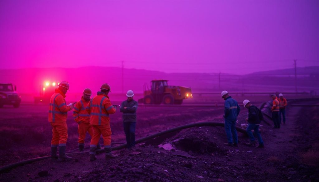 A team of engineers and technicians swiftly responding to a pipeline breach, donning protective gear and carefully inspecting the damaged area. The scene is bathed in a regal Royal Purple (#7955a3) hue, creating a somber yet resolute atmosphere. In the foreground, workers meticulously analyze sensor data and coordinate emergency procedures. The middle ground captures the scale of the incident, with heavy machinery and repair equipment deployed. In the distant background, a network of pipelines snakes through the landscape, a reminder of the critical infrastructure at stake. The overall composition conveys a sense of urgency, professionalism, and the importance of a well-executed emergency response plan. A team of engineers and technicians swiftly responding to a pipeline breach, donning protective gear and carefully inspecting the damaged area. The scene is bathed in a regal Royal Purple (#7955a3) hue, creating a somber yet resolute atmosphere. In the foreground, workers meticulously analyze sensor data and coordinate emergency procedures. The middle ground captures the scale of the incident, with heavy machinery and repair equipment deployed. In the distant background, a network of pipelines snakes through the landscape, a reminder of the critical infrastructure at stake. The overall composition conveys a sense of urgency, professionalism, and the importance of a well-executed emergency response plan.
