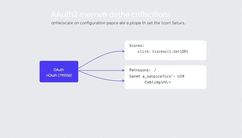 A technical diagram depicting the key configuration points for successful n8n OAuth2 integration. The diagram features a clean, minimalist design with a royal purple (#7955a3) accent color. In the foreground, a schematic representation of the OAuth2 flow, including client ID, client secret, and redirect URI. In the middle ground, annotated sections highlighting critical setup steps such as scopes, permissions, and callback URL. The background showcases a subtle grid pattern, conveying a sense of structure and precision. The overall mood is one of informative clarity, guiding the viewer through the intricacies of proper n8n OAuth2 configuration.
