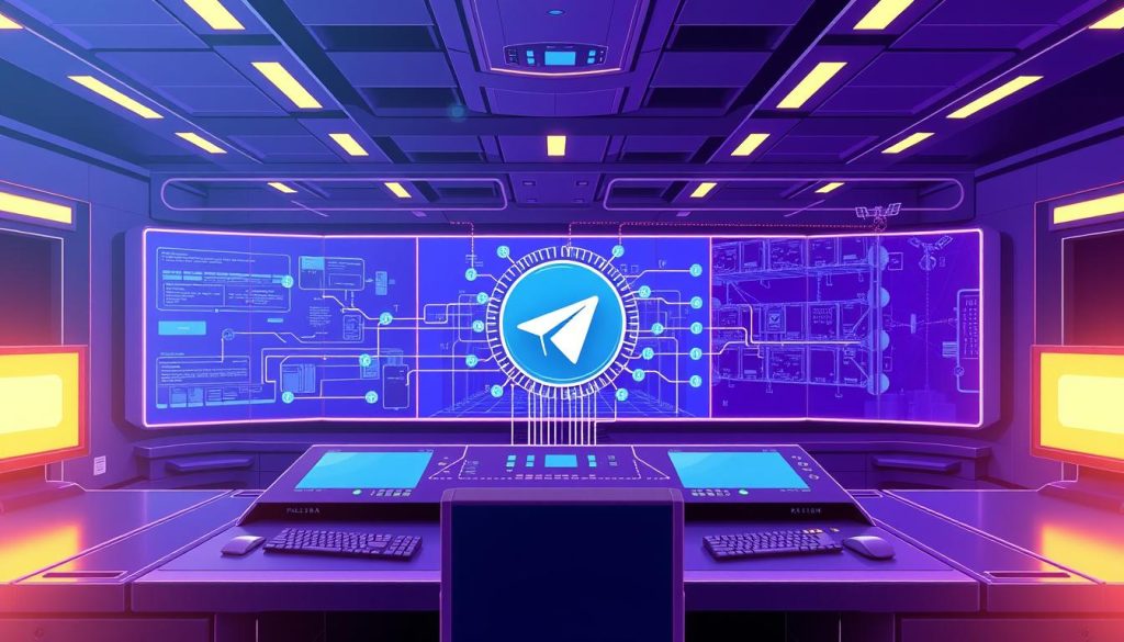 A technical illustration depicting the implementation and setup of a Telegram relay system. The scene shows a sleek, futuristic control panel with various interfaces and indicators in a royal purple (RGB #7955a3) color scheme. In the foreground, a central display visualizes the relay's interconnected components, with lines and geometric shapes conveying the data flow and communication protocols. The middle ground features an array of monitoring screens and command consoles, while the background showcases a networked infrastructure of servers and antennas, all bathed in a warm, ambient lighting. The overall atmosphere is one of precision, efficiency, and technological prowess, reflecting the technical expertise required to establish a reliable Telegram relay solution.