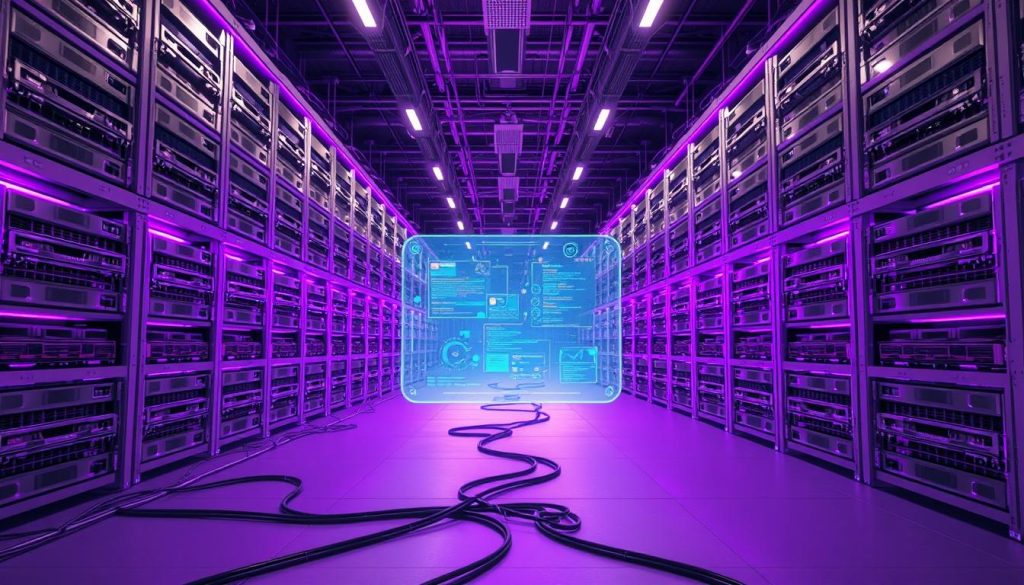 A vast, cavernous data center, its shelves stacked high with sleek, silver storage servers. Soft, Royal Purple lighting illuminates the space, casting a regal, futuristic glow. In the foreground, a network of cables and fiber optics snakes across the floor, connecting the servers to an unseen power source. The middle ground features a holographic control panel, its interface glowing with real-time metrics and status indicators. In the background, towering racks recede into the distance, creating a sense of depth and scale. The overall atmosphere is one of technological sophistication and unwavering data security, a digital fortress where information is safely housed and meticulously managed.