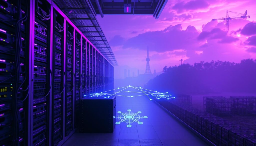 A vast data center, with rows of server racks and intricate cabling, illuminated by a soft, Royal Purple glow. In the foreground, a cluster of servers appears to be drifting, their positions slightly out of alignment, symbolizing the issue of Drift. The middle ground showcases a network diagram, depicting the complex interconnections that can be affected by this phenomenon. In the background, a hazy, futuristic landscape with towering structures and a vibrant, cloudy sky sets the stage for the technical challenges of maintaining stability in modern IT environments.
