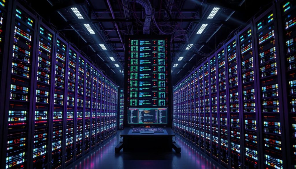 A vast, expansive data center filled with rows of gleaming server racks, their LED lights casting a soft, regal glow in the dimly lit space. At the center, a towering command console displays a series of automated test suites running in perfect synchronization, each result meticulously tracked and analyzed. The atmosphere is one of order, precision, and unwavering reliability, as the system continuously ensures the integrity of the codebase. Rays of the Royal Purple (#7955a3) light filter through the room, creating a sense of elegance and technological prowess. In the background, a complex network of cables and wires snakes its way through the racks, connecting the various components in a seamless, interwoven dance.