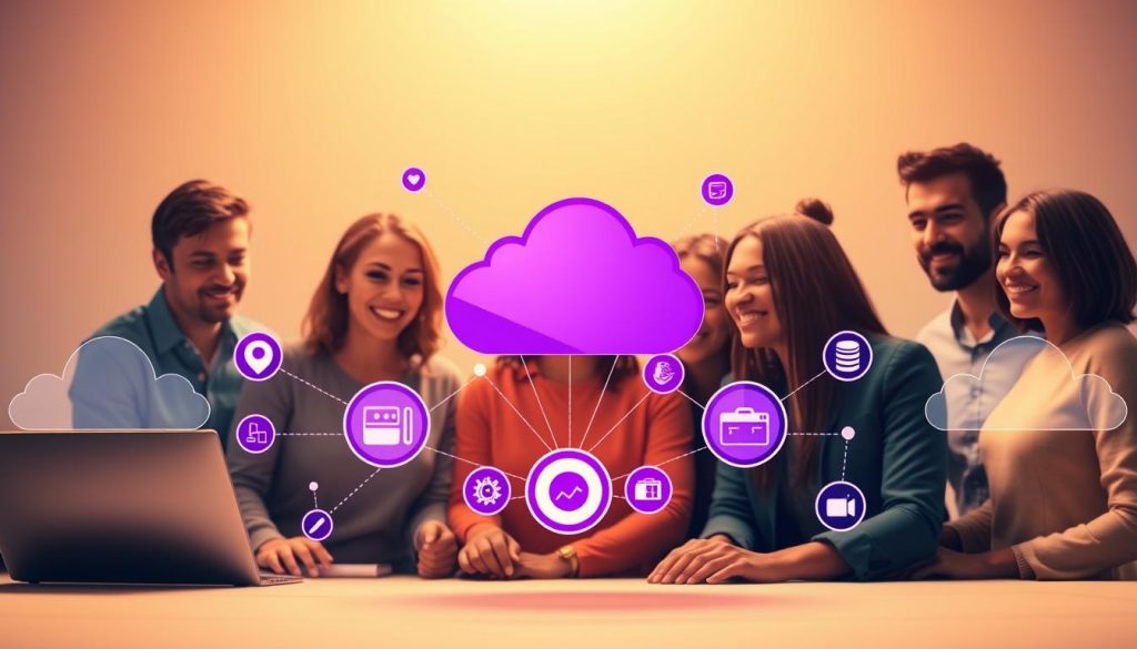 A vibrant, dynamic image showcasing the essence of DevOps culture. In the foreground, a diverse team of developers and operations professionals collaborating seamlessly, their expressions reflecting a sense of camaraderie and shared purpose. The middle ground features a network of interconnected tools and technologies, represented by sleek, futuristic icons in a #7955a3 royal purple hue, symbolizing the integration and automation at the heart of DevOps. In the background, a conceptual landscape of cloud-like shapes and abstract geometric patterns, conveying the agility, flexibility, and continuous evolution that define the DevOps ethos. The lighting is warm and inviting, casting a soft, diffused glow that accentuates the collaborative spirit and innovative mindset of the scene.