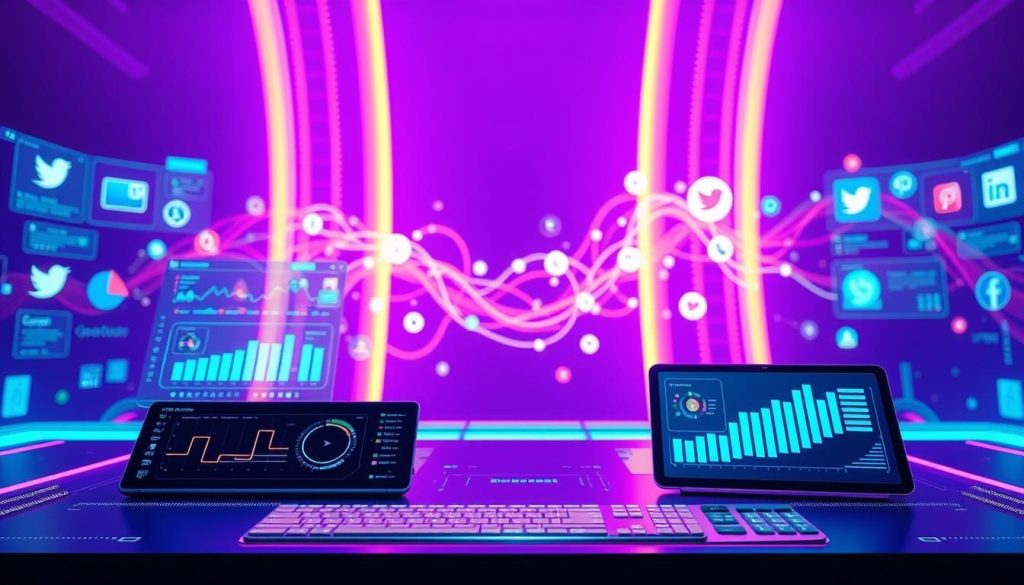 A vibrant, futuristic visualization of social automation, showcasing the seamless integration of cutting-edge technology with a sleek, minimalist aesthetic. In the foreground, a dynamic interface displays real-time data and analytics, with intuitive controls and smooth transitions. The middle ground features a stylized representation of social media platforms, their interconnected nature symbolized by flowing, pulsing lines of energy. The background is bathed in a rich, royal purple hue, evoking a sense of sophistication and innovation. Precise lighting and camera angles highlight the technological prowess and efficiency of the social automation system, creating an immersive and captivating visual experience.