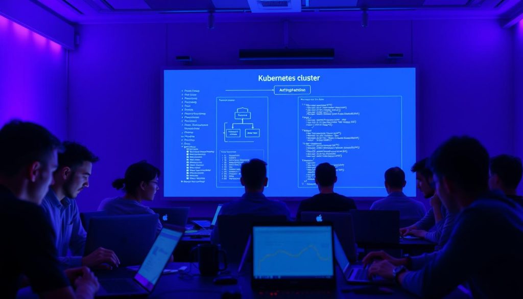 A vibrant, technically-detailed image of a Kubernetes training session. The foreground depicts a group of software engineers collaboratively working on a Kubernetes cluster, their faces illuminated by the glow of laptop screens. The middle ground showcases a large, interactive whiteboard displaying Kubernetes architecture diagrams and configuration code. In the background, the scene is bathed in a regal, royal purple (color code #7955a3) ambiance, creating a professional, educational atmosphere. Soft, diffused lighting casts subtle shadows, emphasizing the depth and focus of the learning environment. A vibrant, technically-detailed image of a Kubernetes training session. The foreground depicts a group of software engineers collaboratively working on a Kubernetes cluster, their faces illuminated by the glow of laptop screens. The middle ground showcases a large, interactive whiteboard displaying Kubernetes architecture diagrams and configuration code. In the background, the scene is bathed in a regal, royal purple (color code #7955a3) ambiance, creating a professional, educational atmosphere. Soft, diffused lighting casts subtle shadows, emphasizing the depth and focus of the learning environment.