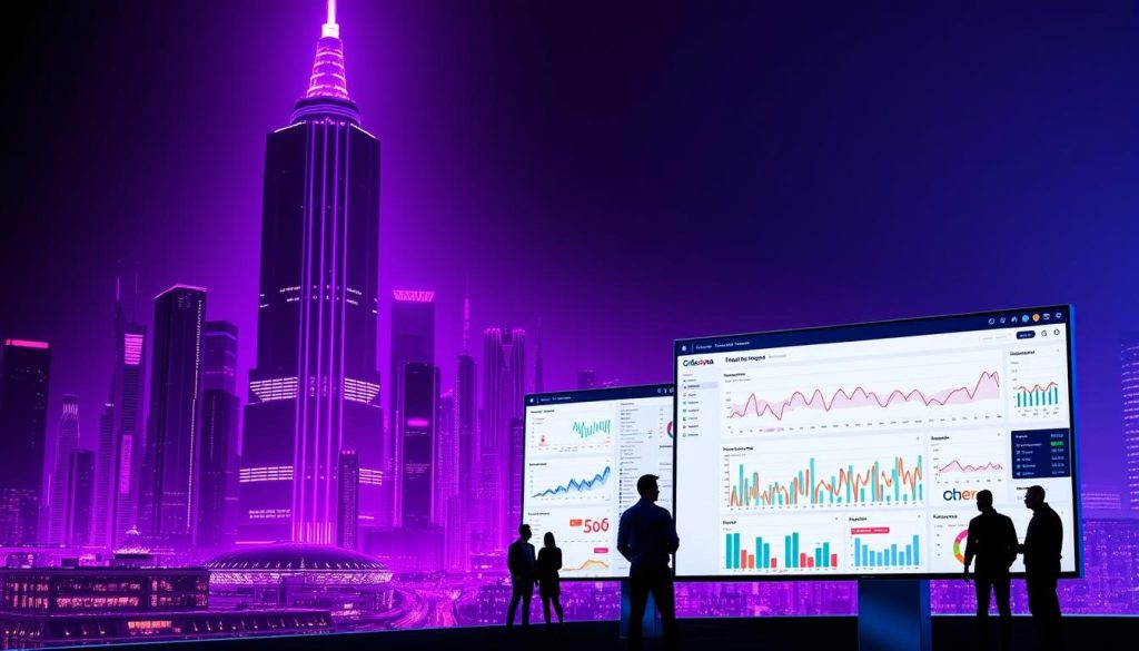 A visually striking digital artwork showcasing the benefits of Grafana, an open-source data visualization and monitoring tool. In the foreground, a sleek, modern dashboard displays a variety of colorful, interactive charts and graphs, highlighting Grafana's powerful data analysis capabilities. The middle ground features a team of data analysts collaborating around a large, high-resolution display, emphasizing Grafana's collaborative and intuitive user interface. In the background, a towering, futuristic cityscape bathed in a regal purple hue sets the scene, representing the enterprise-level scalability and adaptability of Grafana. The overall composition conveys a sense of technological sophistication, efficiency, and the transformative power of data-driven insights, all while adhering to Grafana's branding and aesthetic. A visually striking digital artwork showcasing the benefits of Grafana, an open-source data visualization and monitoring tool. In the foreground, a sleek, modern dashboard displays a variety of colorful, interactive charts and graphs, highlighting Grafana's powerful data analysis capabilities. The middle ground features a team of data analysts collaborating around a large, high-resolution display, emphasizing Grafana's collaborative and intuitive user interface. In the background, a towering, futuristic cityscape bathed in a regal purple hue sets the scene, representing the enterprise-level scalability and adaptability of Grafana. The overall composition conveys a sense of technological sophistication, efficiency, and the transformative power of data-driven insights, all while adhering to Grafana's branding and aesthetic.