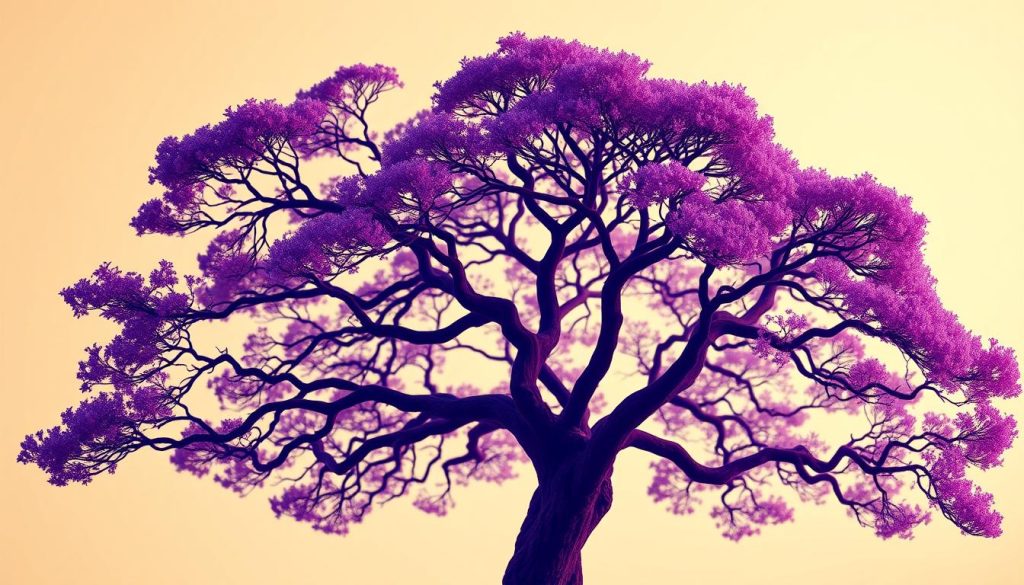 A visually striking image of a branch strategy, showcasing a majestic, sprawling tree with its branches reaching in various directions. The branches are rendered in a rich, royal purple hue (#7955a3), symbolizing the strategic complexity and depth of the concept. The tree is set against a softly blurred background, creating a sense of focus and emphasis on the central subject. The lighting is warm and directional, casting subtle shadows that accentuate the three-dimensional form of the branches. The overall composition is balanced and harmonious, conveying a sense of order and intentionality in the strategic approach.