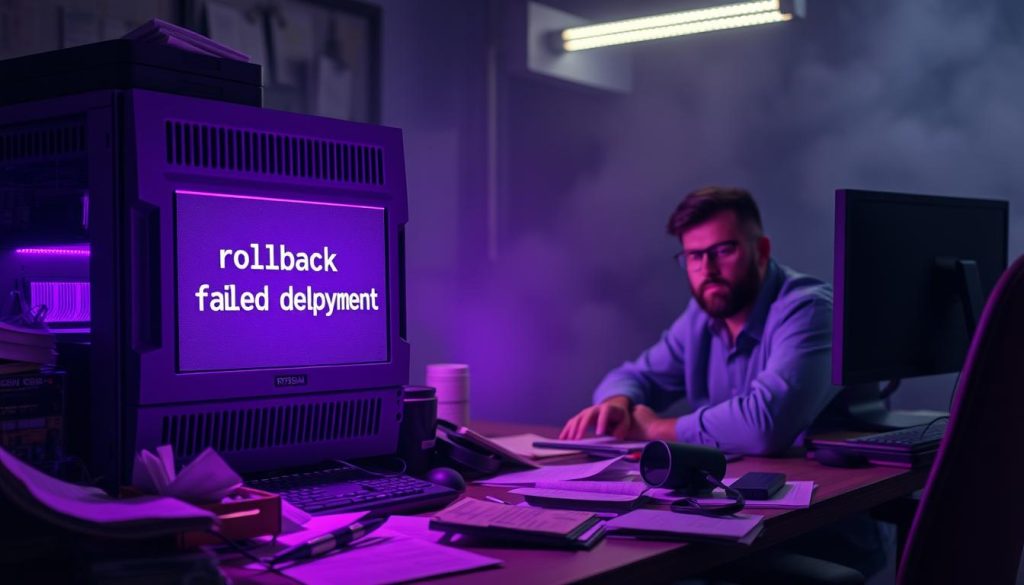 A visually striking scene depicting the failed deployment of a software update. In the foreground, a malfunctioning server console displays an error message: &quot;rollback failed deployment&quot;. The server's housing is a rich, royal purple (#7955a3), casting an ominous glow over the cluttered desk and scattered papers. In the middle ground, a developer sits with a concerned expression, their face illuminated by the flickering screen. The background is hazy, suggesting a tense, high-pressure atmosphere in the tech office. The lighting is dramatic, with harsh shadows and highlights that convey the gravity of the situation. The overall mood is one of frustration, urgency, and the need to quickly resolve the deployment issue.