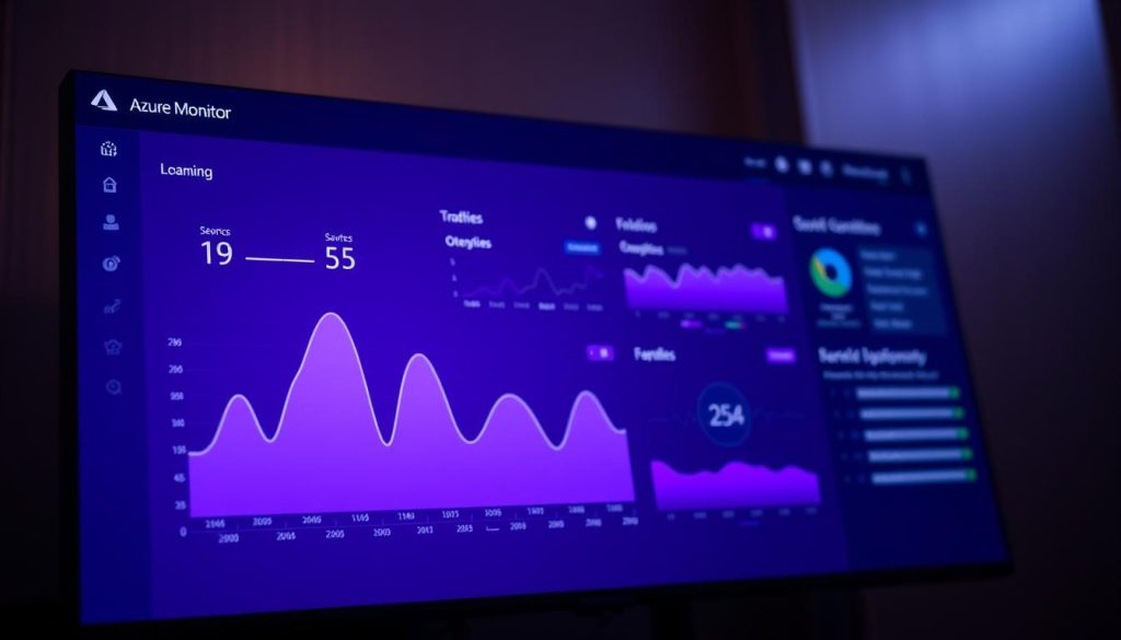 A visually stunning Azure Monitor log dashboard, showcasing a sleek and intuitive interface. The foreground features an elegant data visualization, with clean lines and a regal purple color palette that radiates a sense of authority and professionalism. The middle ground depicts a series of analytical widgets, providing deep insights into system performance and health metrics. In the background, a soft gradient creates a sense of depth, complementing the overall aesthetic. The lighting is subtle and directional, casting a warm, focused glow on the central elements. The composition is balanced, drawing the viewer's eye to the most critical information. This image perfectly encapsulates the power and sophistication of Azure Monitor, making it an ideal representation for the "اشکال‌زدایی با لاگ‌ها و ابزارهای مانیتورینگ" section of the article.