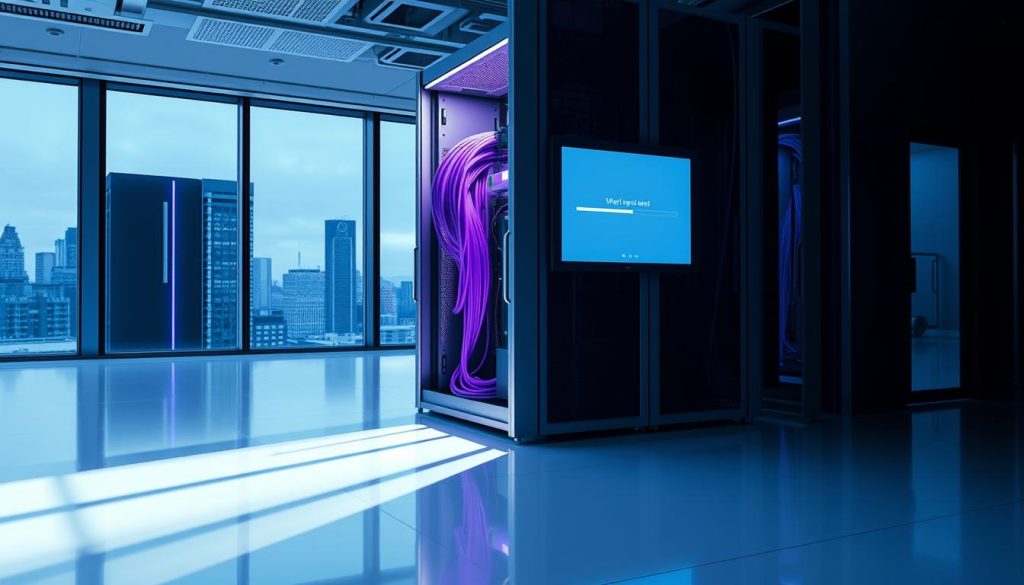 A well-lit server rack stands in a modern data center, its sleek metallic frame casting soft shadows on the pristine white floor. Cables in shades of royal purple snake through the compartments, connecting various components. The server's display shows a progress bar, signifying the ongoing setup process. Cool, diffused lighting bathes the scene, creating a calm, professional atmosphere. In the background, a large window offers a glimpse of a cityscape, hinting at the server's role in powering a vibrant digital landscape. The overall composition conveys a sense of efficiency, technology, and the seamless integration of infrastructure that underpins the WordPress and MariaDB ecosystems.