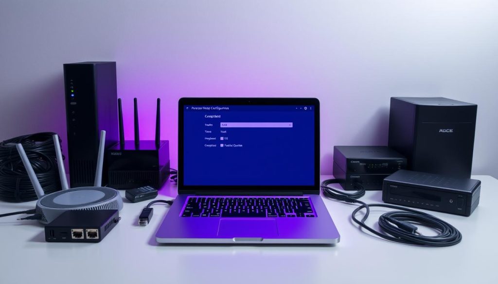 A well-organized workspace with a sleek, minimal design. The centerpiece is a laptop displaying a configuration interface, bathed in the regal hue of Royal Purple (#7955a3). Surrounding the laptop are strategically placed hardware components, including a router, modem, and a neatly arranged array of Ethernet cables. The lighting is soft and diffused, creating a calm, professional atmosphere. The composition emphasizes the importance of properly configuring credentials, with the laptop screen as the focal point, guiding the viewer's attention to the core of the task at hand.