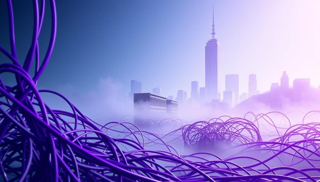 An abstract digital landscape depicting the common network and infrastructure problems that cause CI/CD pipelines to get stuck in a waiting state. In the foreground, a tangled web of cables and pipes in shades of royal purple (#7955a3) representing the complexities of the underlying network. In the middle ground, a series of server racks and cloud computing icons are partially obscured by a hazy fog, symbolizing the lack of visibility into the infrastructure. In the background, a towering, ominous silhouette of a skyscraper looms, casting an uneasy shadow over the scene, alluding to the scale and gravity of the challenges facing the CI/CD system.