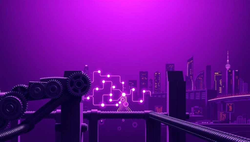 An authentication pipeline, a secure digital gateway, stands tall against a backdrop of regal purple (#7955a3). In the foreground, intricate gears and cogs symbolize the intricate mechanisms of authorization, authentication, and access control. The middle ground showcases abstract data flows, represented by glowing lines and shapes, illustrating the seamless exchange of credentials and permissions. In the distance, a cityscape of towering servers and data centers hints at the expansive infrastructure supporting this vital security system. Dramatic lighting casts long shadows, evoking a sense of importance and gravity. The overall atmosphere conveys the critical role of authentication in maintaining the integrity and reliability of digital systems.