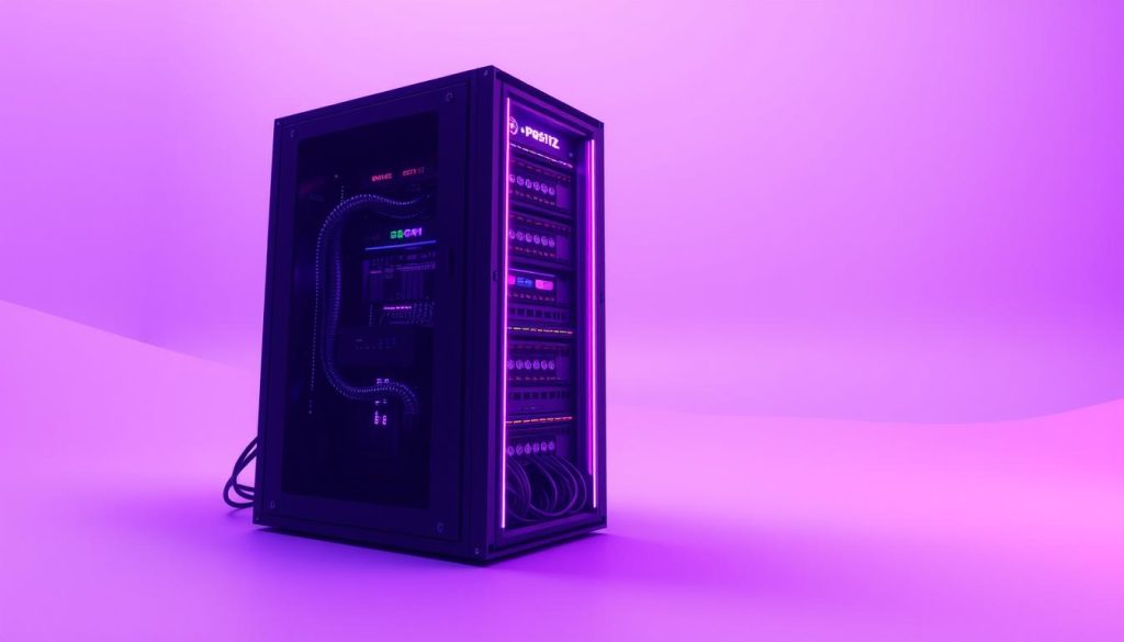 An intricate and streamlined implementation of the postiz open-source social media platform, unfolding in a regal, purple-hued landscape. A modern server rack stands tall, its sleek design and vibrant lighting evocative of the cutting-edge technology powering the platform. Surrounding it, a serene, minimalist environment hints at the seamless integration of postiz within the broader digital ecosystem. Soft shadows and carefully placed highlights elevate the sense of depth and dimensionality, while the overall atmosphere conveys a sense of sophistication and innovation. The scene captures the essence of the postiz deployment, showcasing its technological prowess and the seamless integration within the larger social media landscape.
