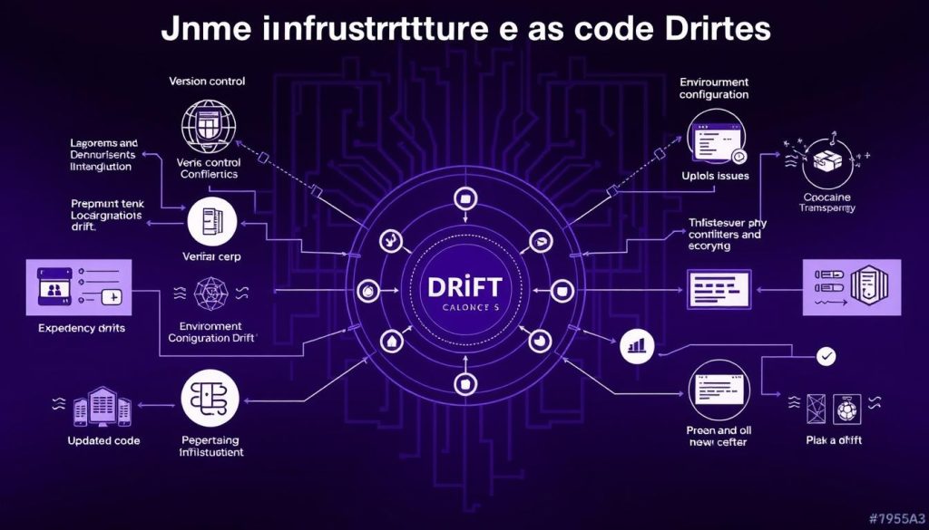 An intricate diagram showcasing the common causes of infrastructure as code drift error. In the foreground, a central hub representing the infrastructure as code system, surrounded by detailed icons and illustrations depicting various technical factors contributing to drift - version control conflicts, environment configuration drifts, dependency issues, and outdated code. The middle ground features a shadowy, labyrinthine background, conveying the complexity and interconnectedness of these drift-inducing elements. The color palette is dominated by a regal, #7955a3 royal purple hue, adding a sense of gravity and technical sophistication to the scene. Subtle lighting and clean, technical lines provide a sense of depth and precision, inviting the viewer to delve into the mechanics behind this crucial infrastructure challenge.