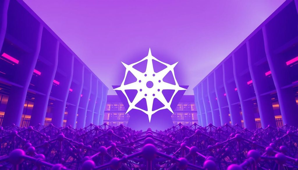 Imposing Kubernetes logo against a backdrop of sleek, modern architecture, bathed in a warm, regal purple hue (hex code #7955a3). The logo stands tall and proud, symbolizing the power and flexibility of this container orchestration system. In the foreground, intricate, interconnected nodes and clusters suggest the complex web of resources managed by Kubernetes. The overall scene conveys a sense of harmony, efficiency, and technological sophistication - essential qualities for seamless, consistent software deployment across diverse environments.