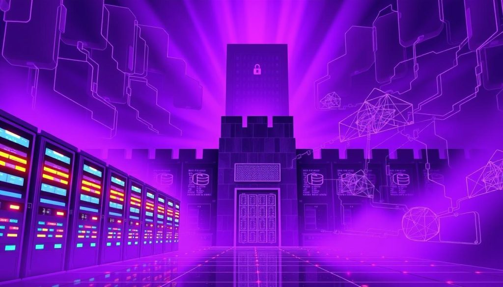 Majestic purple hues envelop a secure data fortress, where ClickHouse's advanced access controls and encryption safeguard sensitive information. Gleaming servers stand as sentinels, their blinking lights a testament to the system's vigilance. Intricate network diagrams unfurl, mapping the intricate pathways of data flow, while a towering firewall looms in the background, an impenetrable barrier against unauthorized access. The scene exudes a sense of power and protection, inviting the viewer to trust the reliability and security of this robust database solution. Majestic purple hues envelop a secure data fortress, where ClickHouse's advanced access controls and encryption safeguard sensitive information. Gleaming servers stand as sentinels, their blinking lights a testament to the system's vigilance. Intricate network diagrams unfurl, mapping the intricate pathways of data flow, while a towering firewall looms in the background, an impenetrable barrier against unauthorized access. The scene exudes a sense of power and protection, inviting the viewer to trust the reliability and security of this robust database solution.