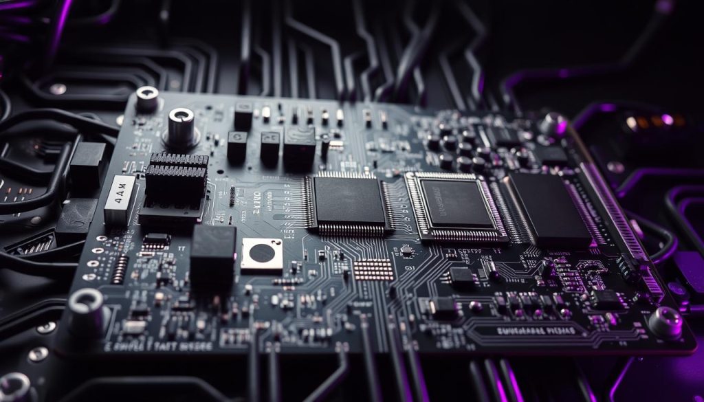 a complex circuit board with faulty and disconnected components, representing the reasons for inadequate testing in software development, set against a dark, ominous background with Royal Purple (#7955a3) accents, creating a sense of technical complexity and the consequences of poor quality assurance, captured from a low angle perspective to convey the gravity of the issue