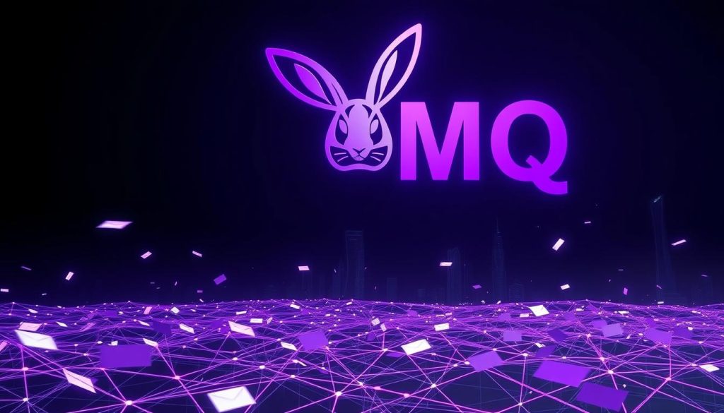 A colossal, purple-hued RabbitMQ logo floats majestically in the center, its intricate design exuding power and scalability. In the foreground, a mesh of interconnected nodes and messages zip through the air, symbolizing the robust infrastructure and high-availability messaging of the open-source platform. The background is a dimly lit, futuristic landscape, with towering skyscrapers and a sense of technological grandeur, representing the secure and scalable microservice architectures RabbitMQ enables. Dramatic lighting casts dramatic shadows, conveying the gravity and importance of the subject matter. The overall scene is a striking, minimalist yet awe-inspiring visualization of the "Scalability solutions and message processing" capabilities of RabbitMQ. A colossal, purple-hued RabbitMQ logo floats majestically in the center, its intricate design exuding power and scalability. In the foreground, a mesh of interconnected nodes and messages zip through the air, symbolizing the robust infrastructure and high-availability messaging of the open-source platform. The background is a dimly lit, futuristic landscape, with towering skyscrapers and a sense of technological grandeur, representing the secure and scalable microservice architectures RabbitMQ enables. Dramatic lighting casts dramatic shadows, conveying the gravity and importance of the subject matter. The overall scene is a striking, minimalist yet awe-inspiring visualization of the "Scalability solutions and message processing" capabilities of RabbitMQ.