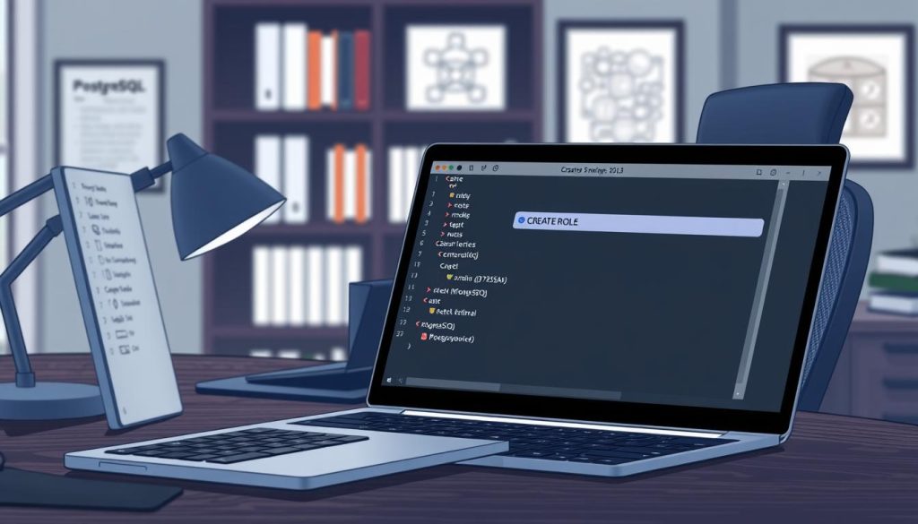 A detailed illustration of creating a new role in a PostgreSQL database. Set in a sleek, modern workspace with a dark wood desk and ergonomic office chair. In the foreground, a laptop screen displays a PostgreSQL management interface, the cursor hovering over the "CREATE ROLE" command. The middle ground features a variety of technical objects like a mechanical keyboard, a megan mouse pad, and a subtle Royal Purple (#7955a3) accent lamp. The background has blurred shelves of technical books and framed PostgreSQL diagrams. The overall atmosphere is one of focused productivity and technical expertise.