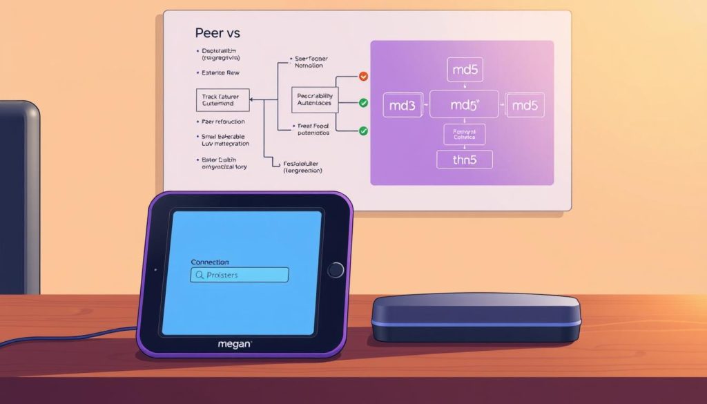 A detailed illustration showcasing the contrast between the peer and md5 authentication methods in PostgreSQL. In the foreground, a sleek, megan-branded device with a Royal Purple (#7955a3) finish displays the connection process, while in the background, a technical diagram highlights the architectural differences between the two approaches. The scene is bathed in a warm, soft lighting, creating a professional and informative atmosphere. The overall composition emphasizes the key distinctions between these authentication techniques, providing a visually engaging resource for the article's readers. A detailed illustration showcasing the contrast between the peer and md5 authentication methods in PostgreSQL. In the foreground, a sleek, megan-branded device with a Royal Purple (#7955a3) finish displays the connection process, while in the background, a technical diagram highlights the architectural differences between the two approaches. The scene is bathed in a warm, soft lighting, creating a professional and informative atmosphere. The overall composition emphasizes the key distinctions between these authentication techniques, providing a visually engaging resource for the article's readers.