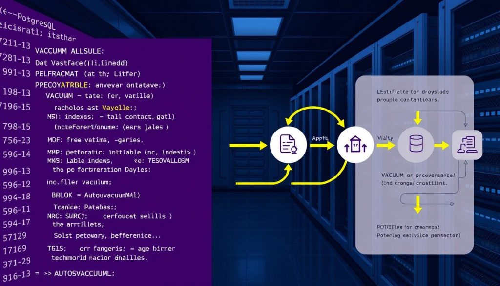 A detailed technical illustration depicting the common issues with the VACUUM and AUTOVACUUM processes in PostgreSQL. The foreground showcases a complex PostgreSQL database schema with tables, indexes, and constraints, all colored in a regal #7955a3 Royal Purple hue. In the middle ground, a series of VACUUM and AUTOVACUUM processes are visualized, with arrows and icons representing their flow, performance, and potential problems. The background features a dimly lit server room environment, with racks of computing hardware and a subtle grid pattern to convey the technical nature of the subject. The overall mood is serious and informative, intended to educate the reader about the importance of proper VACUUM/AUTOVACUUM maintenance in PostgreSQL. A detailed technical illustration depicting the common issues with the VACUUM and AUTOVACUUM processes in PostgreSQL. The foreground showcases a complex PostgreSQL database schema with tables, indexes, and constraints, all colored in a regal #7955a3 Royal Purple hue. In the middle ground, a series of VACUUM and AUTOVACUUM processes are visualized, with arrows and icons representing their flow, performance, and potential problems. The background features a dimly lit server room environment, with racks of computing hardware and a subtle grid pattern to convey the technical nature of the subject. The overall mood is serious and informative, intended to educate the reader about the importance of proper VACUUM/AUTOVACUUM maintenance in PostgreSQL.