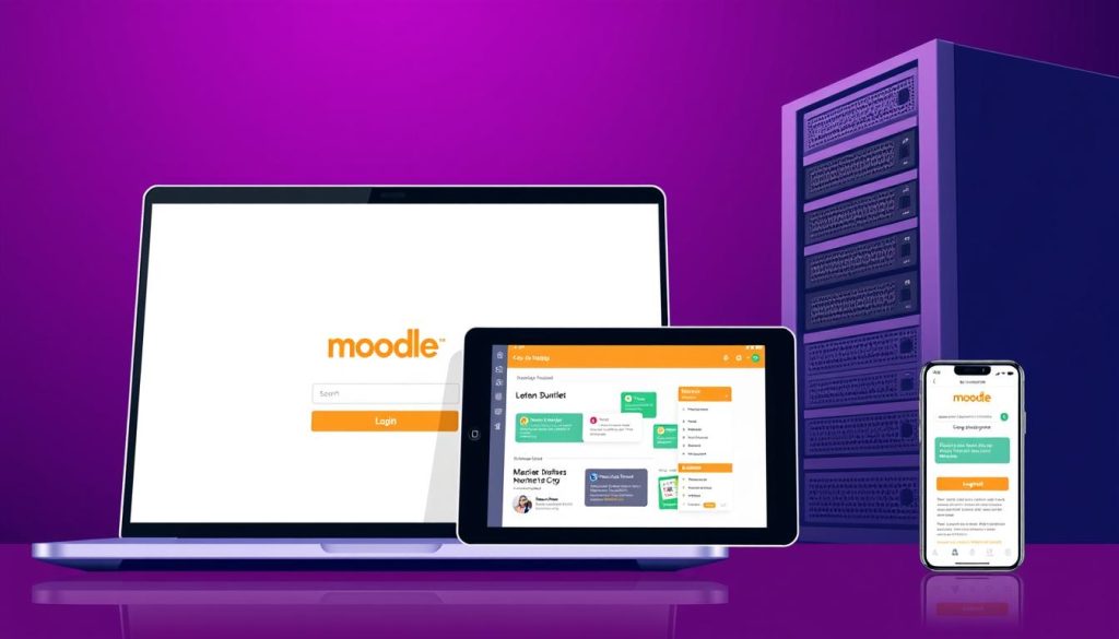 A digital illustration showcasing the various methods of accessing a self-hosted Moodle platform in Megan. In the foreground, a sleek, modern laptop display depicts the Moodle login screen, with a user interface that exudes professionalism and security. The middle ground features a tablet and a smartphone, both displaying the Moodle dashboard, highlighting the platform's responsiveness and cross-device compatibility. In the background, a towering server rack symbolizes the robust, scalable infrastructure powering the self-hosted Moodle solution, bathed in a regal, deep purple hue. The overall scene conveys the seamless integration, high performance, and complete customizability of the Moodle self-hosting experience in Megan. A digital illustration showcasing the various methods of accessing a self-hosted Moodle platform in Megan. In the foreground, a sleek, modern laptop display depicts the Moodle login screen, with a user interface that exudes professionalism and security. The middle ground features a tablet and a smartphone, both displaying the Moodle dashboard, highlighting the platform's responsiveness and cross-device compatibility. In the background, a towering server rack symbolizes the robust, scalable infrastructure powering the self-hosted Moodle solution, bathed in a regal, deep purple hue. The overall scene conveys the seamless integration, high performance, and complete customizability of the Moodle self-hosting experience in Megan.