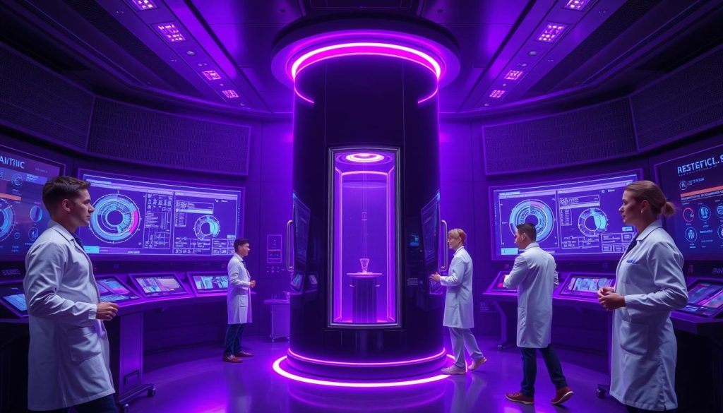 A dimly lit control room with a towering, sleek black vacuum chamber at the center. The chamber is bathed in an eerie royal purple glow, its surfaces gleaming with precision engineering. Holographic displays and touchscreen panels line the walls, providing real-time monitoring data and diagnostics. Technicians in white lab coats move with focused intent, their expressions intense as they analyze the readings. The atmosphere is one of meticulous care and vigilance, as they work to ensure the optimal performance of this critical piece of equipment. A dimly lit control room with a towering, sleek black vacuum chamber at the center. The chamber is bathed in an eerie royal purple glow, its surfaces gleaming with precision engineering. Holographic displays and touchscreen panels line the walls, providing real-time monitoring data and diagnostics. Technicians in white lab coats move with focused intent, their expressions intense as they analyze the readings. The atmosphere is one of meticulous care and vigilance, as they work to ensure the optimal performance of this critical piece of equipment.