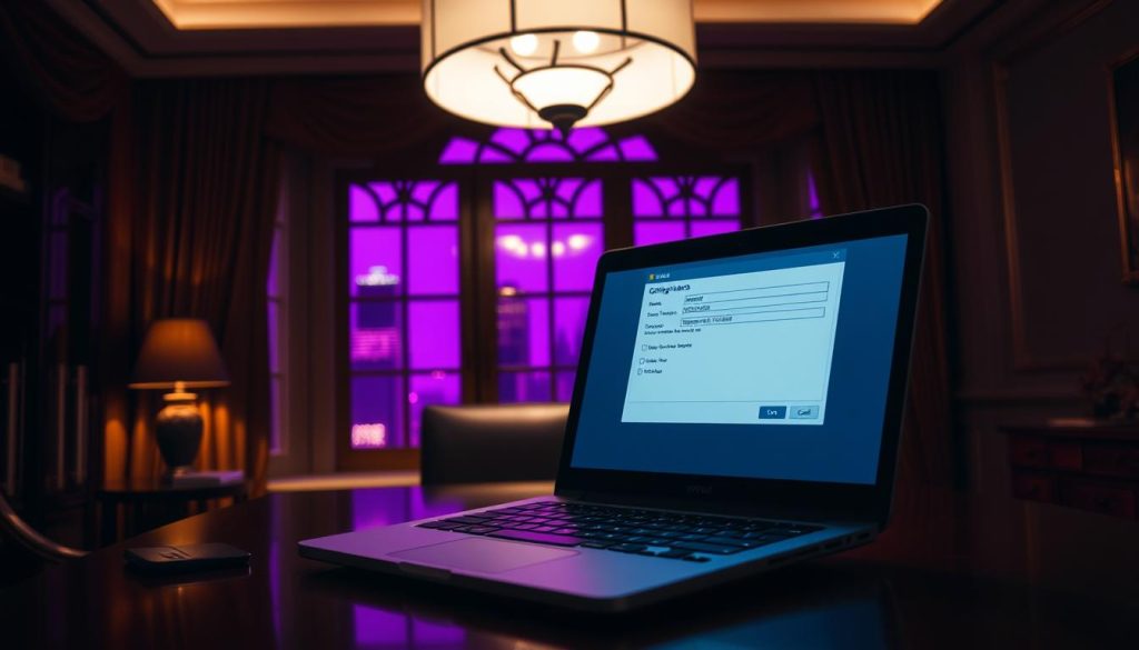 A dimly lit, elegant office interior. In the foreground, a sleek, modern laptop rests on a mahogany desk, its screen displaying the MySQL configuration window. The background features a large, ornate window overlooking a cityscape, casting a warm, Royal Purple (#7955a3) glow across the room. Overhead, a sophisticated pendant light fixture casts a soft, focused illumination on the task at hand. The overall atmosphere is one of thoughtful concentration and refined professionalism, setting the stage for the crucial task of "Changing the MySQL Port". A dimly lit, elegant office interior. In the foreground, a sleek, modern laptop rests on a mahogany desk, its screen displaying the MySQL configuration window. The background features a large, ornate window overlooking a cityscape, casting a warm, Royal Purple (#7955a3) glow across the room. Overhead, a sophisticated pendant light fixture casts a soft, focused illumination on the task at hand. The overall atmosphere is one of thoughtful concentration and refined professionalism, setting the stage for the crucial task of "Changing the MySQL Port".