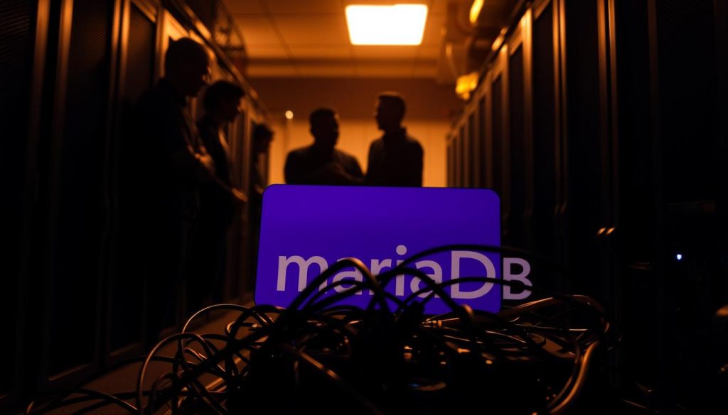A dimly lit server room, shadowy figures of computer equipment loom in the background. In the foreground, a Royal Purple-hued MariaDB logo stands out, partially obscured by tangled cables and hardware components. The scene conveys a sense of technical complexity and the challenges faced during the installation process. Warm lighting illuminates the central issue, casting dramatic shadows and highlighting the intricate details of the obstacles. The overall atmosphere is one of problem-solving, with a subtle air of frustration and determination to overcome the installation hurdles.