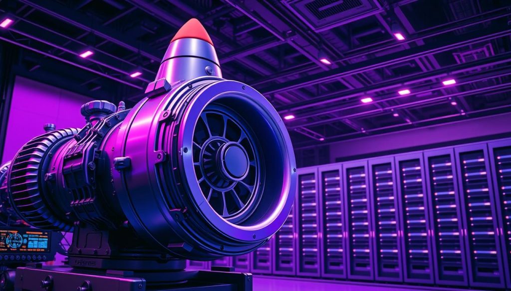 A large, futuristic-looking rocket engine in the foreground, with intricate technical details and a metallic, high-tech aesthetic. The rocket is surrounded by a sleek, minimalist control panel with glowing indicators, dials, and holographic displays, all bathed in a warm, royal purple glow. In the background, a vast, high-ceiling server room with rows of sleek, rack-mounted servers, creating an impression of scalability and performance. The lighting is dramatic, with a mix of directional spotlights and ambient purple hues, conveying a sense of power and sophistication. The overall composition emphasizes the seamless integration of advanced technology, efficiency, and scalability, reflecting the capabilities of Rocket.Chat in enterprise environments.