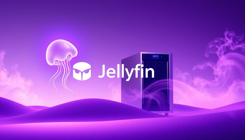 A majestic, purple-hued Jellyfin server floating in a serene, dreamlike landscape. In the foreground, the Jellyfin logo shines with an ethereal glow, its tentacles undulating gently. The middle ground features a sleek, modern server cabinet, its metallic surfaces reflecting the ambient lighting. In the background, a wispy, violet-tinted sky frames the scene, creating a sense of tranquility and elegance. The composition is balanced and the lighting is soft, casting a warm, inviting atmosphere. The overall impression is one of sophistication and technological prowess, perfectly suited to illustrate the advantages and features of the open-source Jellyfin media server. A majestic, purple-hued Jellyfin server floating in a serene, dreamlike landscape. In the foreground, the Jellyfin logo shines with an ethereal glow, its tentacles undulating gently. The middle ground features a sleek, modern server cabinet, its metallic surfaces reflecting the ambient lighting. In the background, a wispy, violet-tinted sky frames the scene, creating a sense of tranquility and elegance. The composition is balanced and the lighting is soft, casting a warm, inviting atmosphere. The overall impression is one of sophistication and technological prowess, perfectly suited to illustrate the advantages and features of the open-source Jellyfin media server.