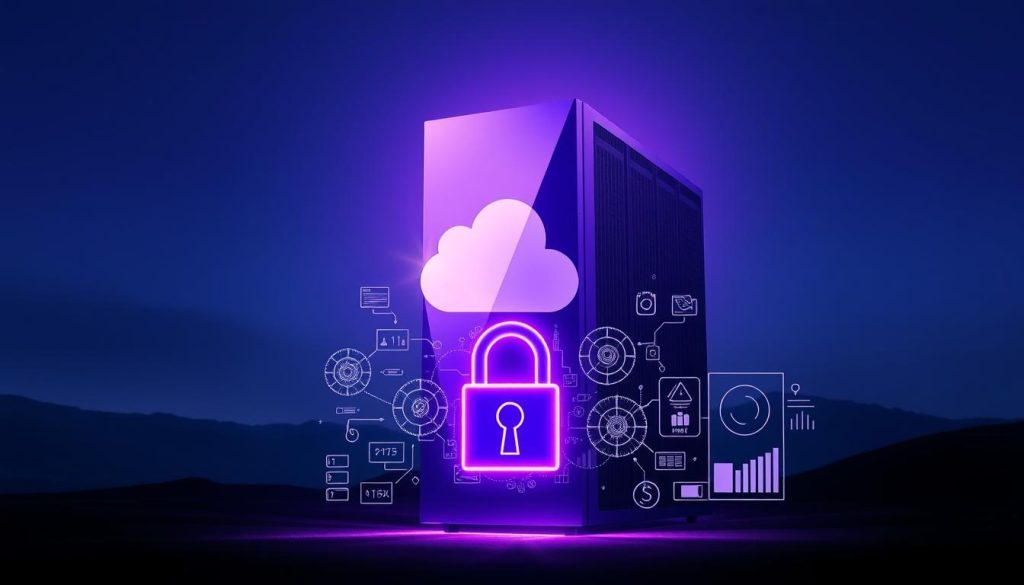 A majestic, regal Nextcloud server standing tall, its sleek, angular form bathed in a warm, royal purple glow. In the foreground, a secure lock icon radiates a sense of organizational safety, while in the middle ground, intricate data visualization diagrams and charts convey the robust security features. The background is a serene, minimalist landscape, hinting at the open-source nature of the platform. The lighting is dramatic, with strategic shadows and highlights accentuating the server's imposing presence. The overall scene evokes a strong sense of enterprise-level data protection and self-hosted cloud computing, without any distracting textual elements.